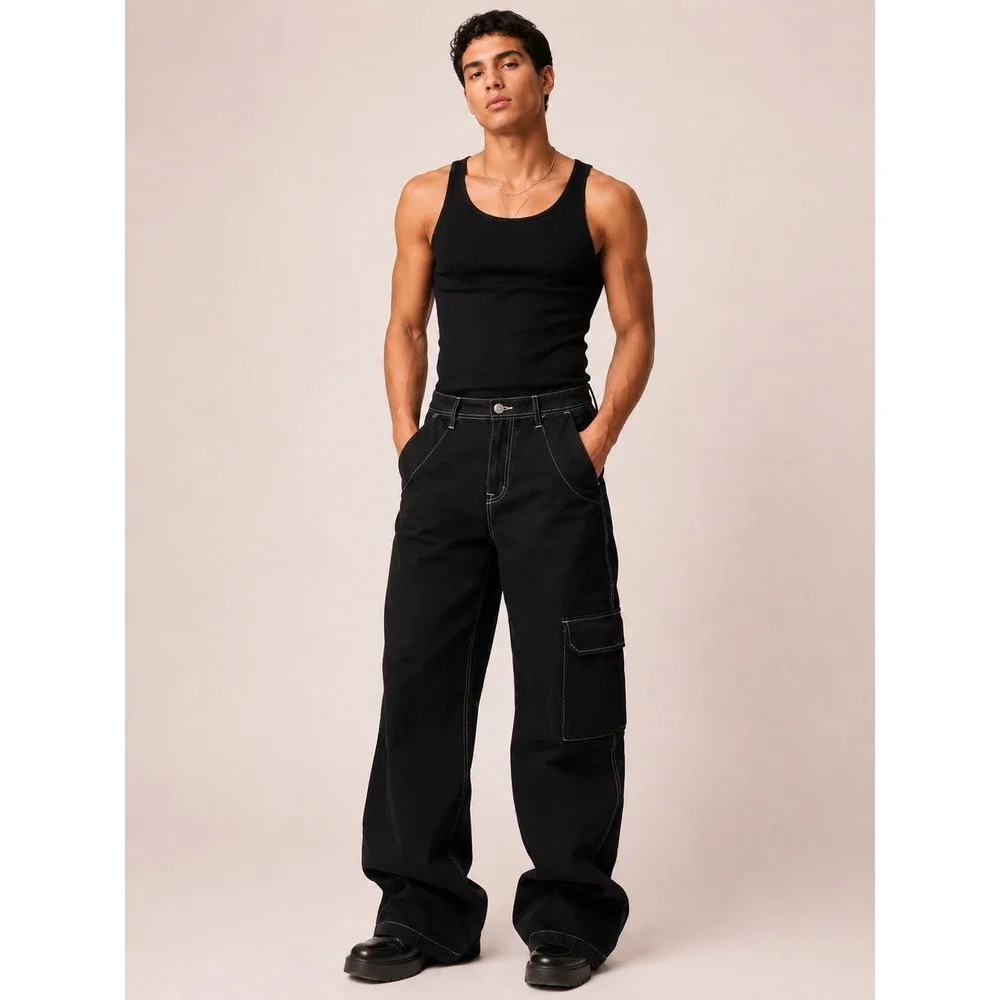 True Religion Black Contrast Stitch Cargo Pants Wide Leg Mens 34 Y2K Streetwear